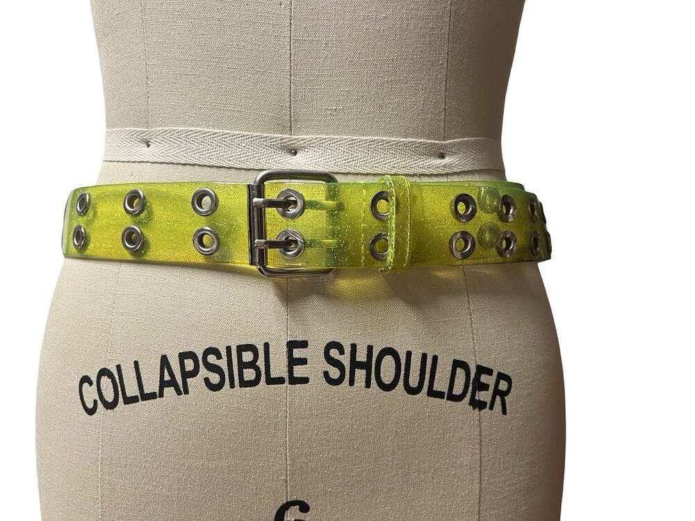 Vintage 90s Y2K Lime Green yellow Glitter Jelly 2 Row Grommet Belt L / XL